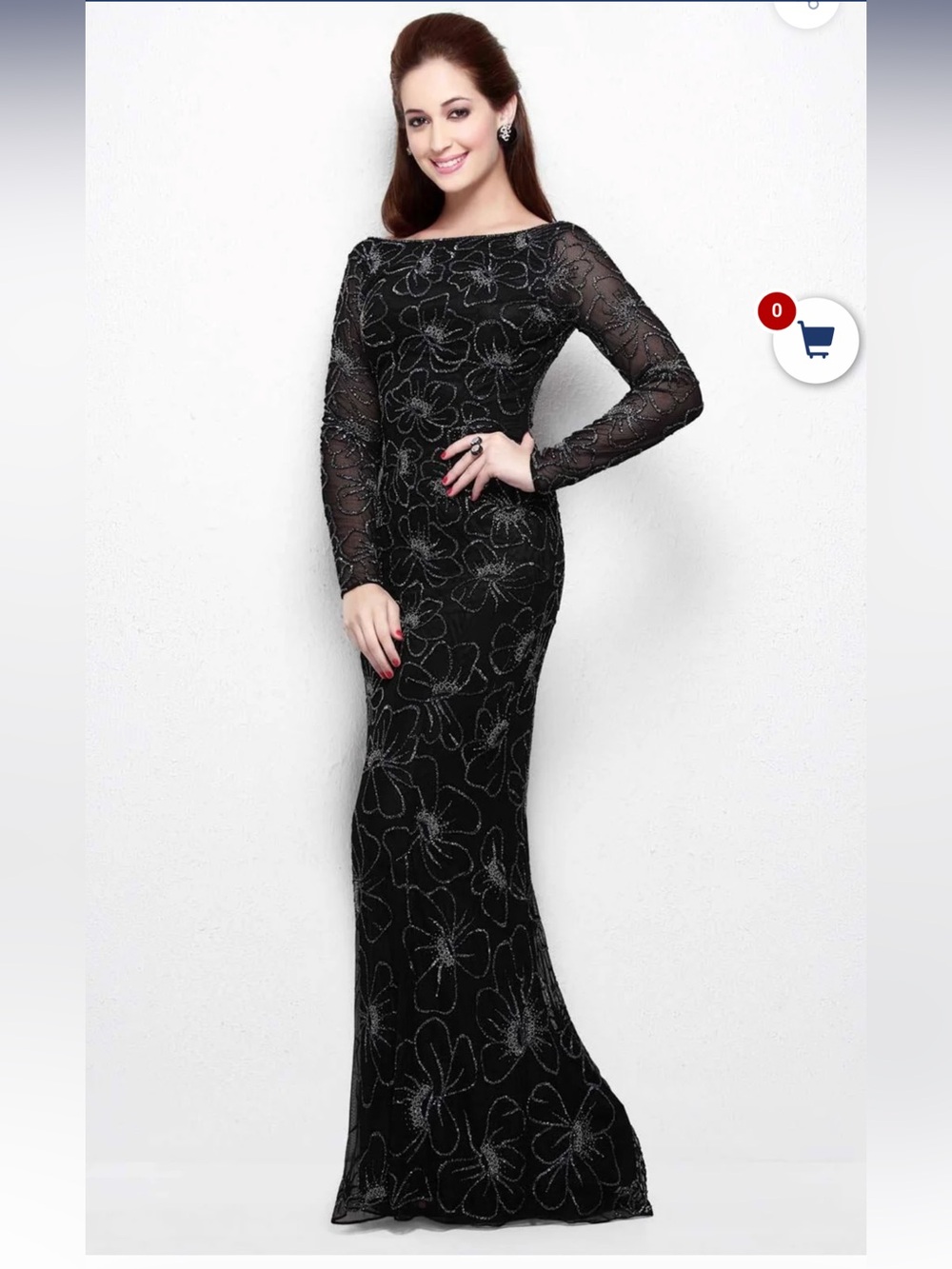 Primavera Couture Black Floral Sequin Long Sleeve Gown